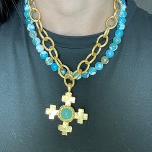 Susan Shaw Gold and Blue Beaded Necklace with Cross Pendant